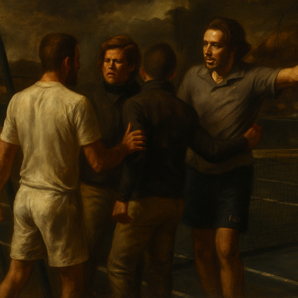 Umpire intervenes in tennis players' mock fight