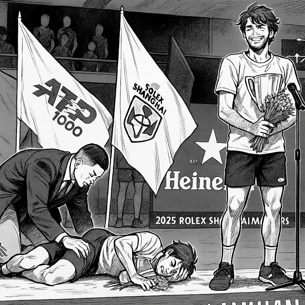 Runner-up tumbles during trophy presentation